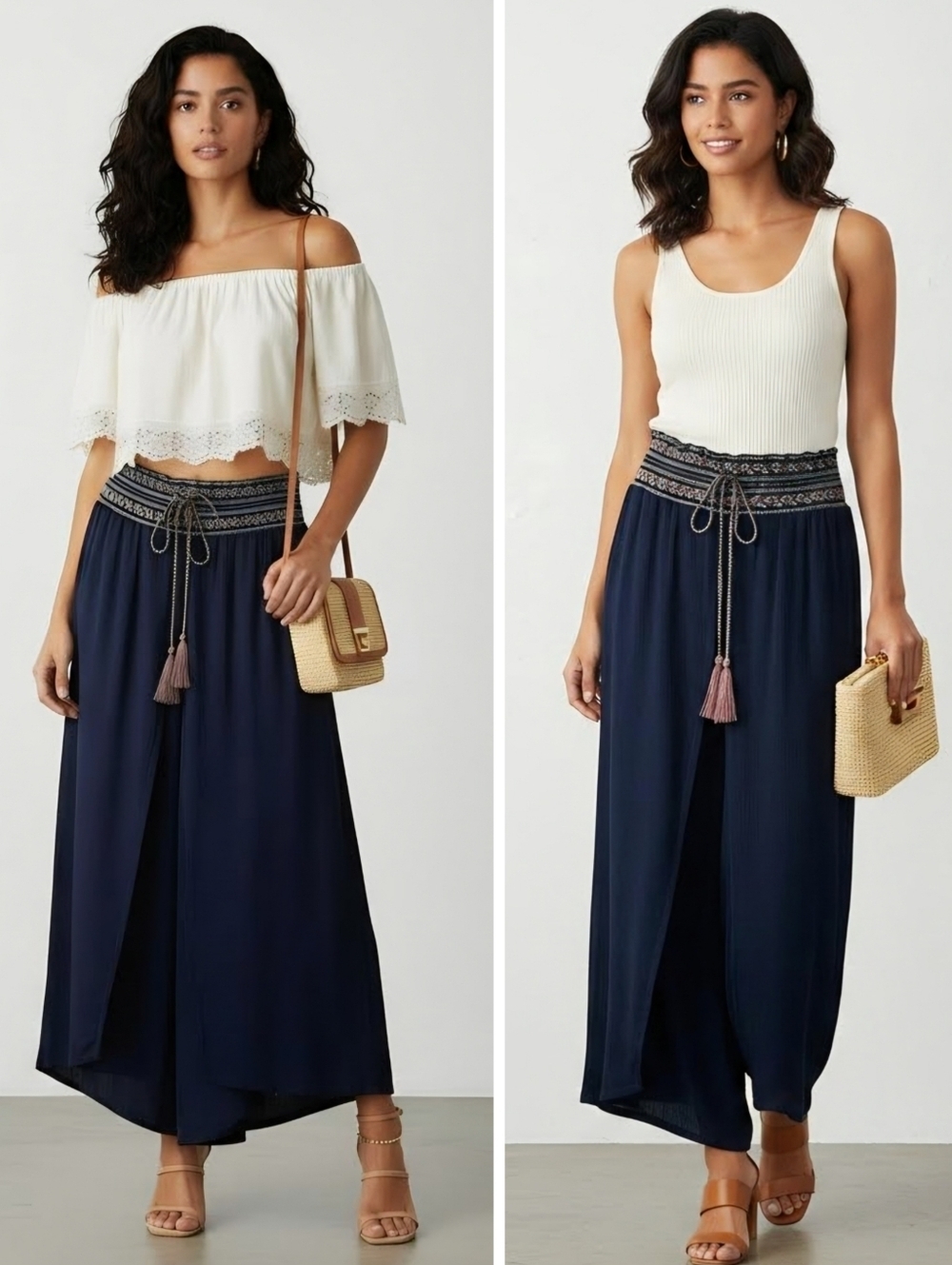 New! Monoreno Palazzo Wide Leg Split Seam Embroidered Waist Pants